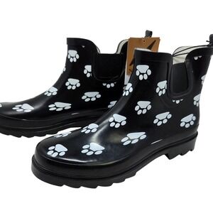 Black Paw Print Chelsea Rain Boots - Women's Waterproof Winter Booties